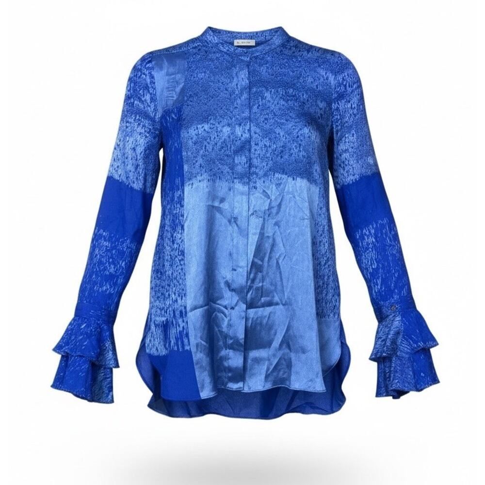 Elie Tahari Blue Silk Viscose Ruffle Cuff Blouse Top XS Elegant Flowy
